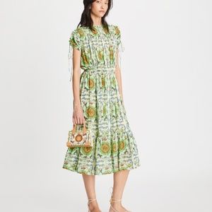 TORY BURCH CAROUSEL PRINTED SILK OFF SHOULDER MIDI DRESS 8